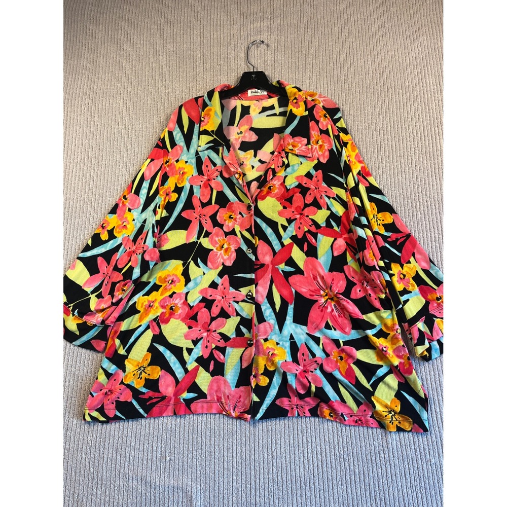 Vikki Vi Top Womens 3X Floral Button Down 3/4 Sleeve Slinky Travel Vacation
